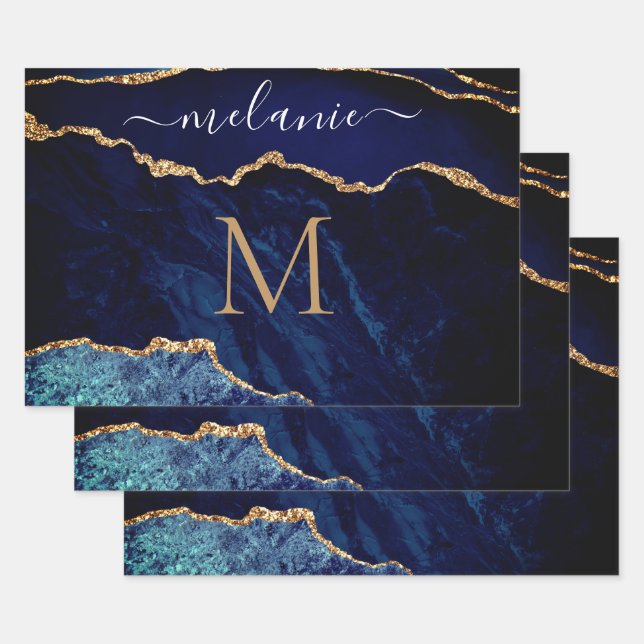 Navy Blue Gold Custom Letter Name Wrapping Paper (Set)