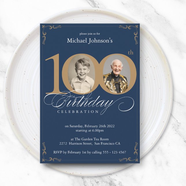 Navy Blue Gold Custom Photo 100th Birthday Party  Invitation (Navy Blue Gold Custom Photo 100th Birthday Party Invitation)