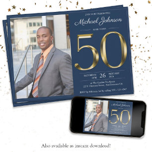 Navy Blue Gold Custom Photo Classy 50th Birthday Invitation