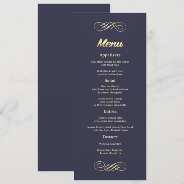 Navy Blue | Gold Custom Wedding Menu Cards (Front/Back)