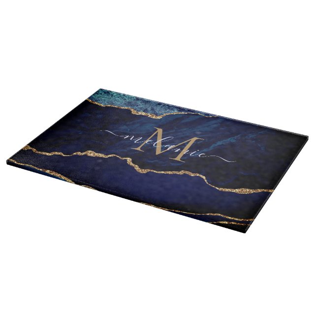 Navy Blue Gold Cutting Board Personalised Name (Corner)