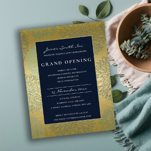 NAVY BLUE GOLD DAHLIA FLORAL GRAND OPENING INVITE POSTCARD