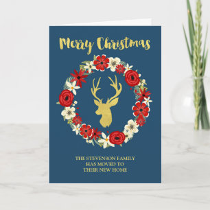 Navy Blue Gold Deer Wreath Christmas New Address Holiday Card