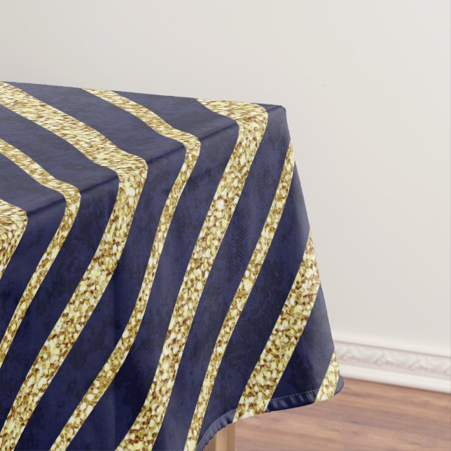 Navy Blue & Gold diagonal stripes Tablecloth (In Situ)