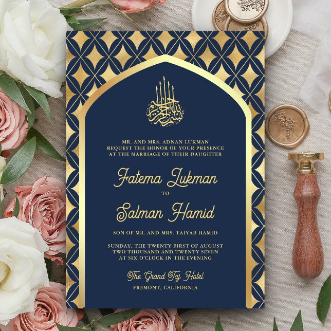 Navy Blue Gold Diamonds Arch Muslim Wedding Invitation (Creator Uploaded)