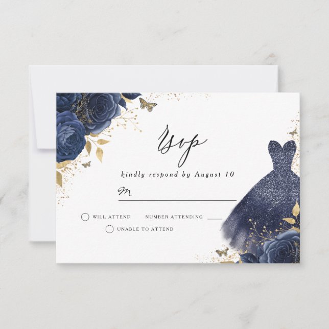 Navy Blue & Gold Dress Rose Birthday Bridal Shower RSVP Card (Front)