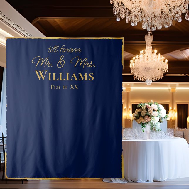 Navy Blue Gold Edge Mr Mrs Wedding Wall Backdrop Tapestry (Creator Uploaded)