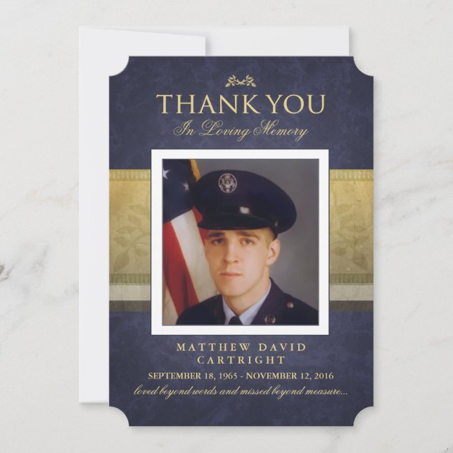 Navy Blue & Gold Elegance Thank You Memorial Card (Front)