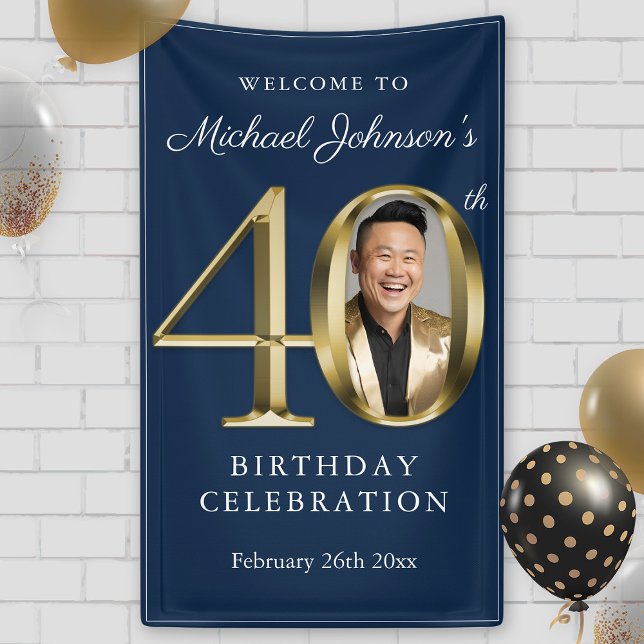 Navy Blue Gold Elegant 40th Birthday Party Welcome Banner (Navy Blue Gold Elegant 40th Birthday Party Welcome Banner)