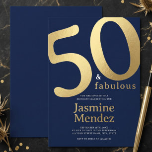 Navy Blue Gold Elegant 50 & Fabulous Birthday Invitation