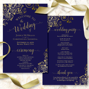Navy Blue & Gold Elegant Budget Wedding Program