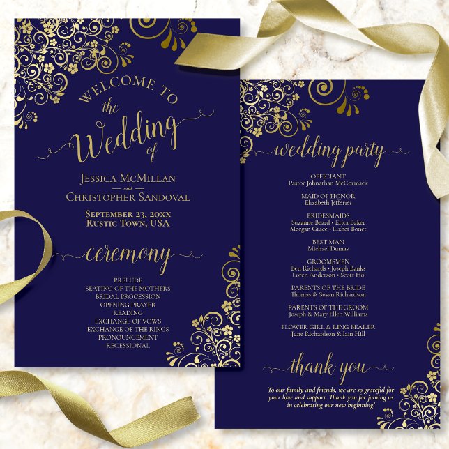 Navy Blue & Gold Elegant Budget Wedding Program (Front/Back)