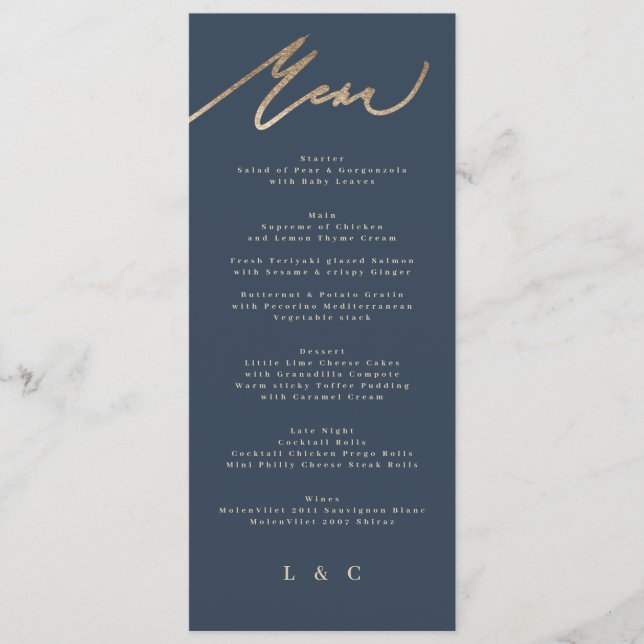 Navy Blue Gold Elegant Classic Wedding Menu (Front)