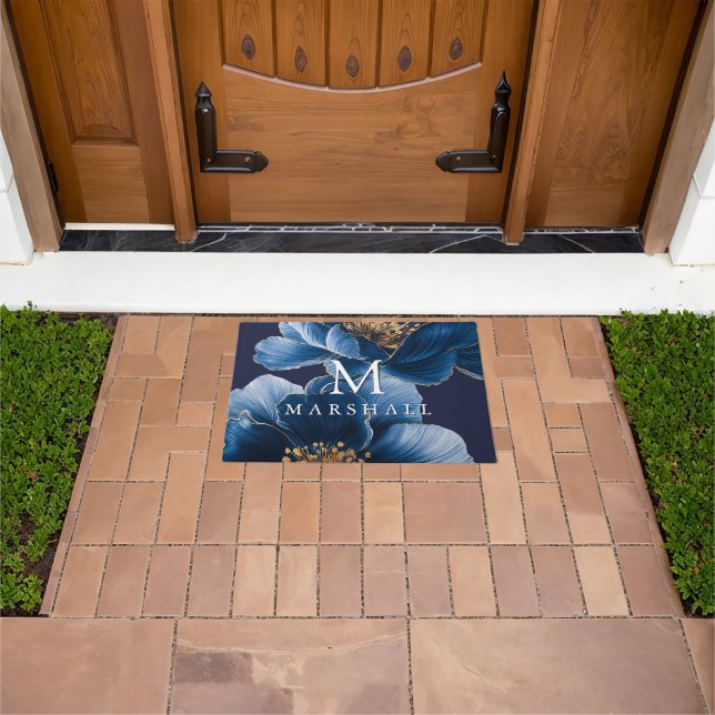Navy Blue Gold Elegant Floral Monogram Family Name Doormat (Outdoor)