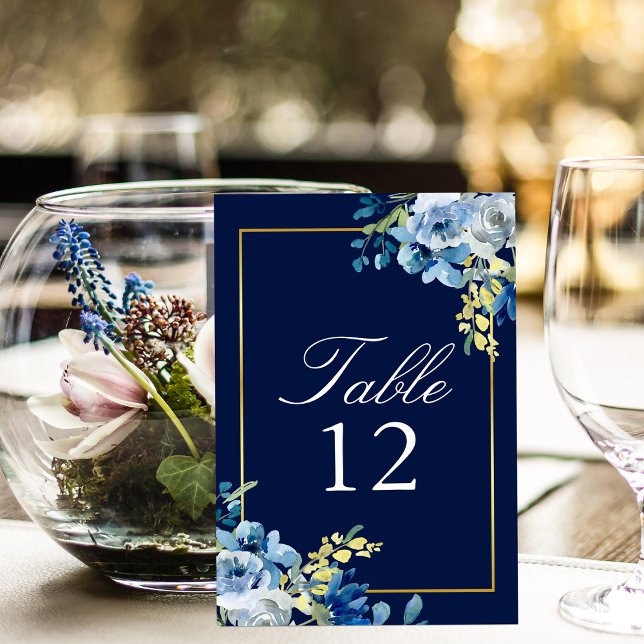 Navy Blue Gold Elegant Floral Wedding Table Number (Creator Uploaded)