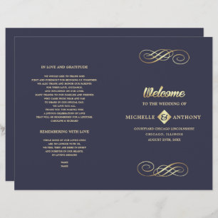 Navy Blue Gold Elegant Folded Wedding Program