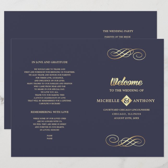 Navy Blue | Gold Elegant Folded Wedding Program (Front/Back)