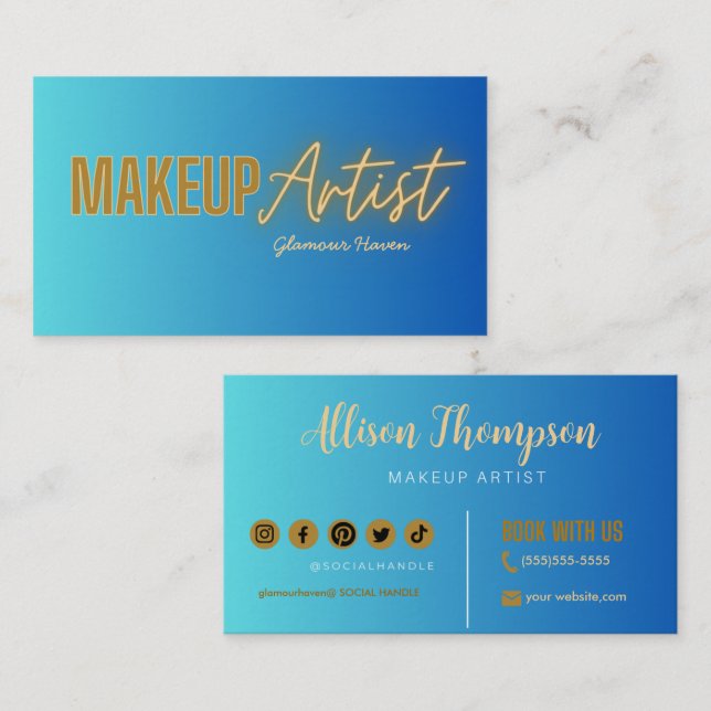 Navy Blue Gold Elegant Makeup Artist  Business Card (Front/Back)