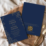 Navy Blue Gold Elegant Minimalist QR Code Wedding Invitation<br><div class="desc">Combine timeless elegance with modern convenience in this navy blue and gold minimalist wedding invitation featuring a built-in QR code. Guests can easily scan to RSVP, view your wedding website, or access event details instantly. The deep navy background with refined gold typography creates a sophisticated, luxurious look, while the minimalist...</div>