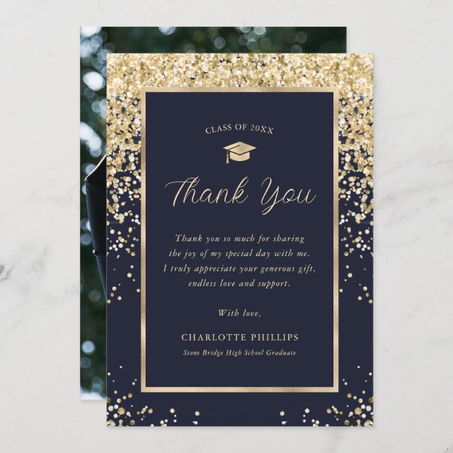 Navy Blue Gold Elegant Modern Photo Graduation Thank You Card (Front/Back)