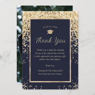 Navy Blue Gold Elegant Modern Photo Graduation Thank You Card