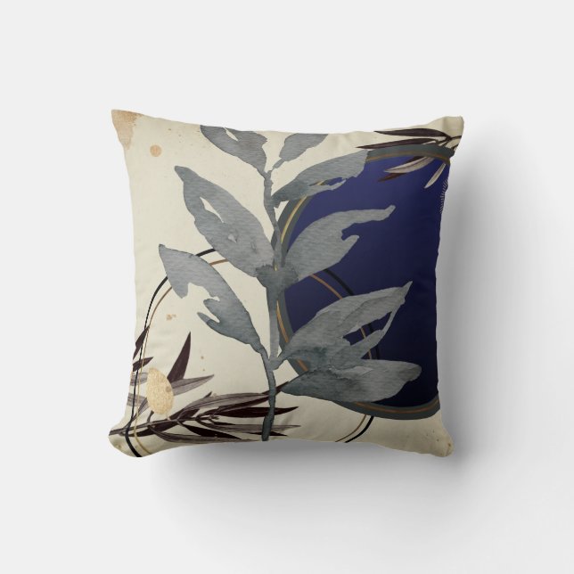 Navy Blue Gold Elegant Modern Watercolor Cushion (Front)