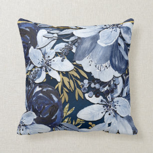 Navy Blue & Gold Elegant Modern Watercolor Floral Cushion