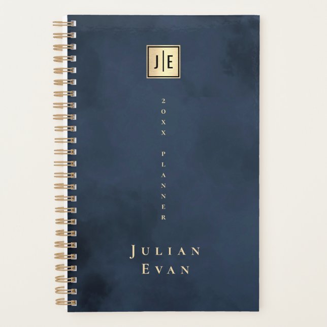 Navy Blue Gold Elegant Monogram Non Dated 2025 Planner (Front)