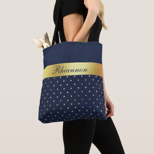 Navy Blue Gold Elegant Patterned Monogrammed Tote Bag (Close Up)