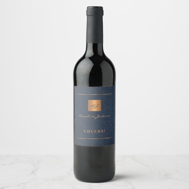 Navy blue gold elegant personalised name script wine label (Front)