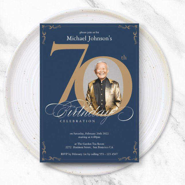 Navy Blue Gold Elegant Photo 70th Birthday Party Invitation (Navy Blue Gold Elegant Photo 70th Birthday Party Invitation)