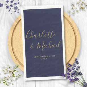 Navy Blue Gold Elegant Signature Script Wedding Napkin