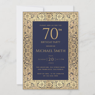 Navy Blue Gold Elegant Vintage 70th Birthday Party Invitation