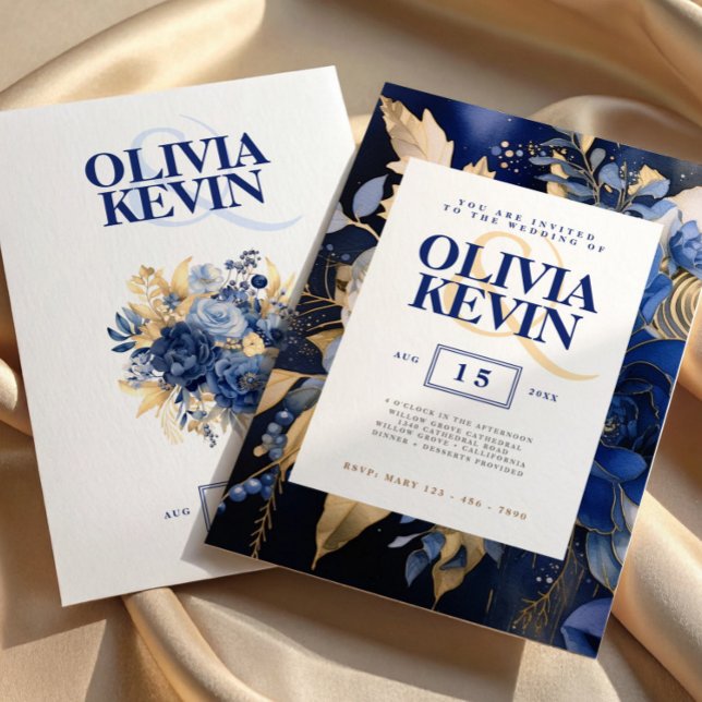 Navy blue & gold elegant watercolor flower wedding invitation (Floral Navy Blue & Gold Watercolor Elegant Wedding Invitation, Save The Date, Watercolor Floral)