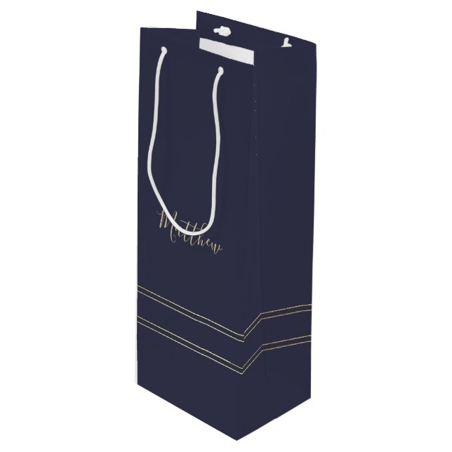 Navy Blue Gold Elegant Wedding Favour Wine Bags (Front Angled)