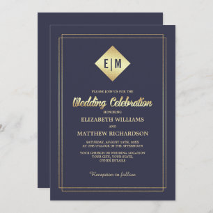 Navy Blue   Gold Elegant Wedding Invitation