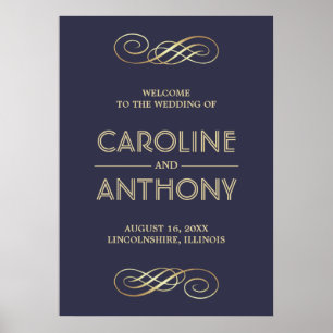 Navy Blue Gold Elegant Wedding Welcome Sign