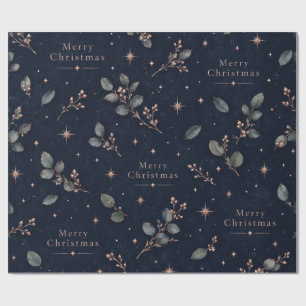 Navy Blue Gold Eucalyptus Merry Christmas Wrapping Paper