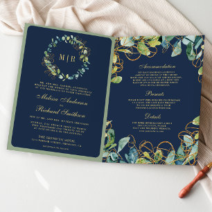 Navy Blue Gold Eucalyptus Wreath QR Code Wedding Invitation