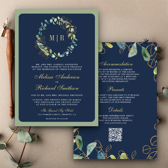 Navy Blue Gold Eucalyptus Wreath QR Code Wedding Invitation (Creator Uploaded)