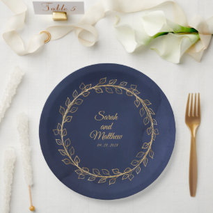 Navy Blue & Gold Eucalyptus Wreath Wedding Dinner  Paper Plate