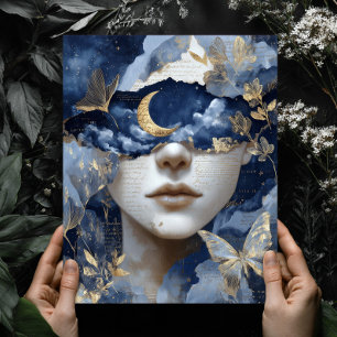 Navy Blue Gold Fantasy Surreal Moon Woman Wall Art
