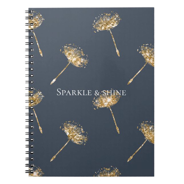 Navy Blue Gold Faux Glitter Dandelion Flowers Notebook (Front)