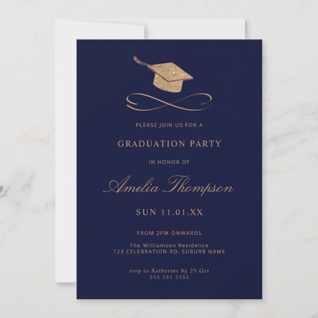 Navy Blue & Gold Faux Glitter Graduation  Invitation (Front)