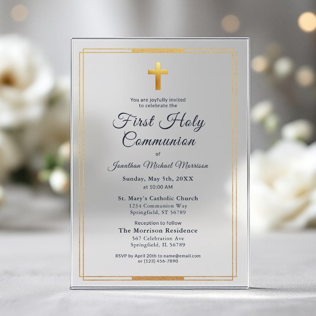 Navy Blue Gold First Holy Communion Boy's Acrylic Invitations (Creator Uploaded)