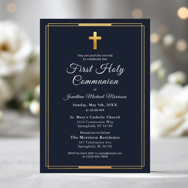 Navy Blue Gold First Holy Communion Boy's Invitation (Creator Uploaded)