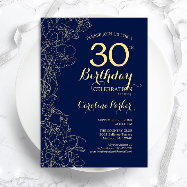 Navy Blue Gold Floral 30th Birthday Party Invitation (Creator Uploaded)