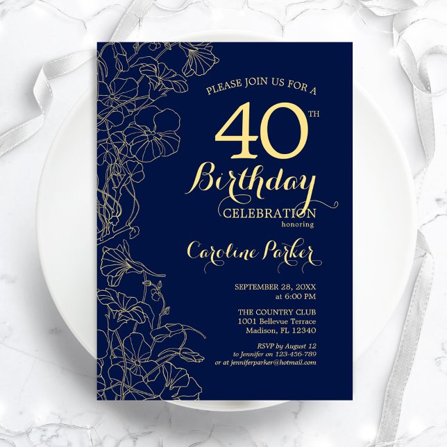 Navy Blue Gold Floral 40th Birthday Party Invitation (Creator Uploaded)