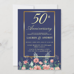 Navy Blue Gold Floral 50th Wedding Anniversary Invitation