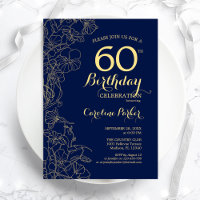 Navy Blue Gold Floral 60th Birthday Party
